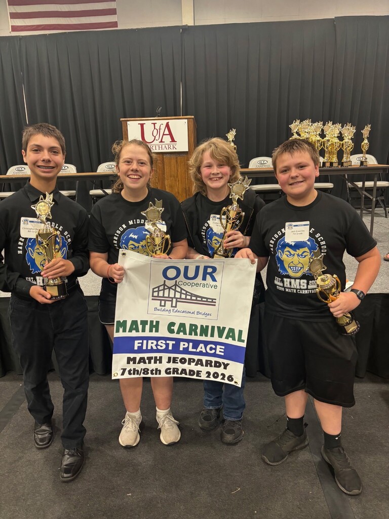 🧮🏆 HMS Students traveled to University of Arkansas at NorthARK today to compete in the OUR Cooperative Math Carnival — and they came home with some impressive hardware! Competing against 16 schools, our Goblins did an outstanding job showcasing their math skills, teamwork, and problem-solving abilities. 🏅 Competition Results: ➕ 5th Grade Problem Solving — 3rd Place ➕ 6th Grade Problem Solving — 3rd Place ➕ 8th Grade Problem Solving — 2nd Place 🧠 5th/6th Grade Jeopardy — 1st Place 🧠 7th/8th Grade Jeopardy — 1st Place 🧩 Rubik’s Cube Team — 2nd Place We also had several individual Rubik’s Cube winners! Congratulations to all of our HMS students and teachers for representing our school so well. We are proud of your hard work, determination, and success! 💙💛 #HMSGoblins #GoblinPride #MathCarnival #StudentSuccess #FutureProblemSolvers