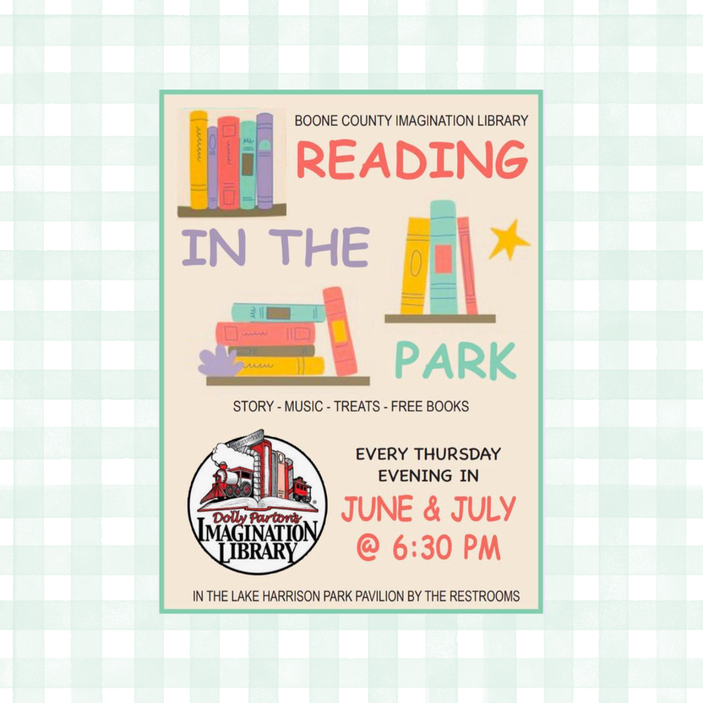An event flyer with a cream background and a light green border, titled "Boone County Imagination Library READING IN THE PARK." The text uses playful, colorful fonts and is illustrated with stylized, multi-colored stacks and rows of books. Below the main title, the text highlights "STORY - MUSIC - TREATS - FREE BOOKS." In the bottom left corner is the circular logo for "Dolly Parton's Imagination Library," featuring a drawing of a red steam locomotive train engine made out of books. To the right of the logo, bold text reads "EVERY THURSDAY EVENING IN JUNE & JULY @ 6:30 PM." The bottom of the flyer states the location: "IN THE LAKE HARRISON PARK PAVILION BY THE RESTROOMS.