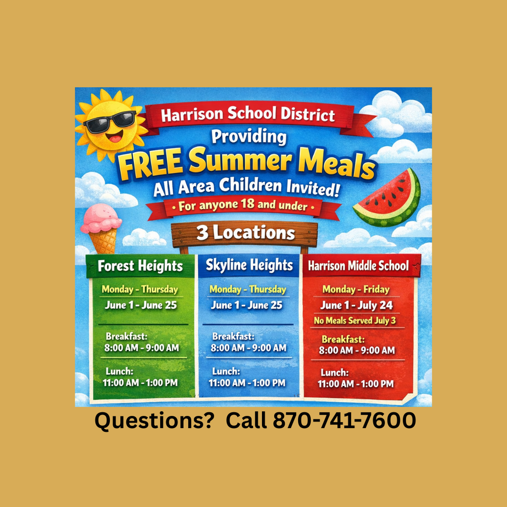 Promotional graphic for Harrison School District’s Free Summer Meals program. The background is a bright, sunny day with a cartoon sun, clouds, and a picnic scene featuring a sandwich, apple, and juice box.  The text states that free summer meals are available for all area children ages 18 and under at three locations:  Forest Heights: Open June 1 – June 25, Monday through Thursday.  Skyline Heights: Open June 1 – June 25, Monday through Thursday.  Harrison Middle School: Open June 1 – July 24, Monday through Friday (Closed July 3).  Meal Times for all locations:  Breakfast: 8:00 AM – 9:00 AM  Lunch: 11:00 AM – 1:00 PM  Contact Information: For questions, call 870-741-7600. The bottom of the image includes the USDA logo and a statement identifying the USDA as an equal opportunity provider, employer, and lender.