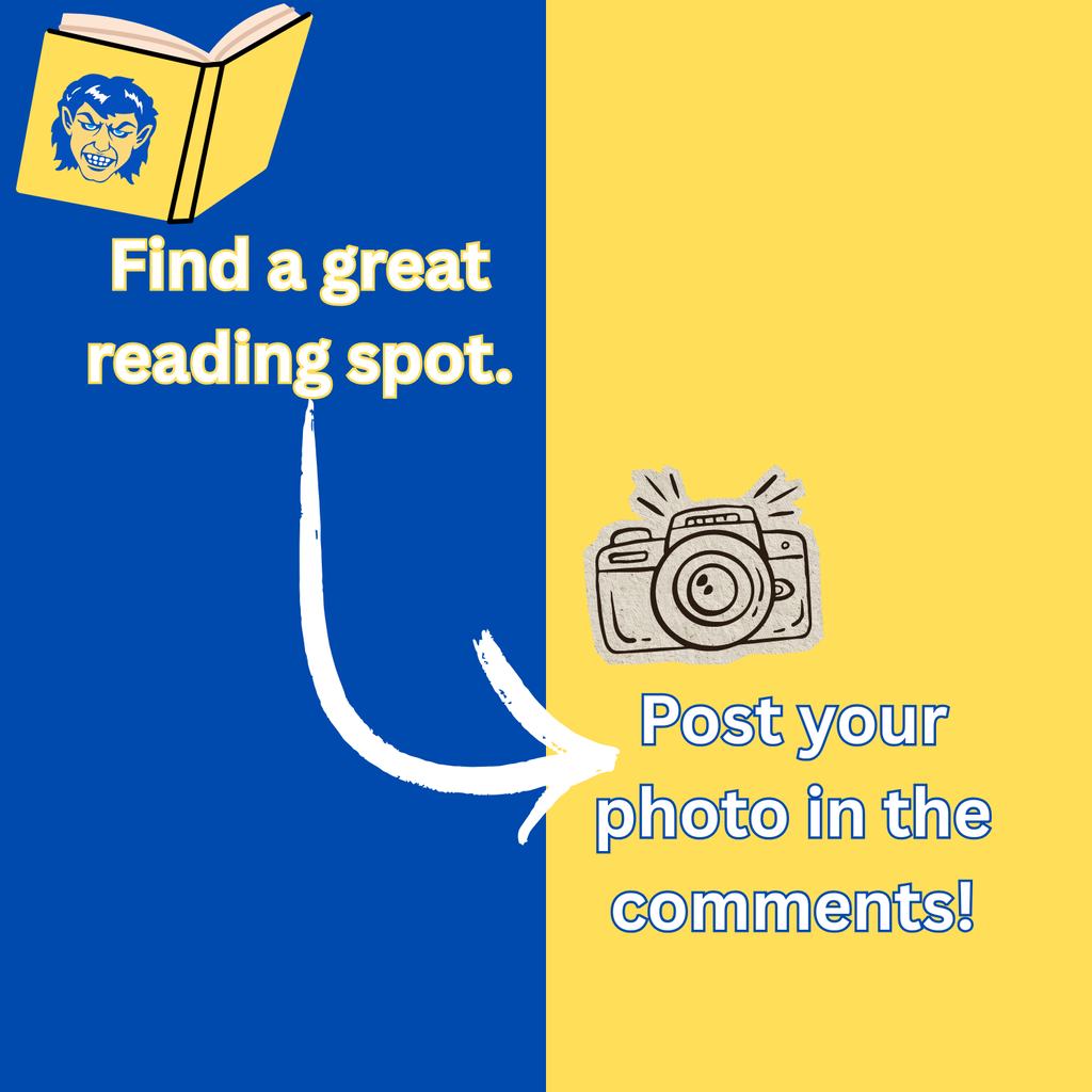 A graphic for Harrison Schools split vertically into blue and yellow sides. The left blue side shows an open book with the Goblin mascot and text reading "Find a great reading spot." A white arrow points to the right yellow side, which features a camera icon and text reading "Post your photo in the comments!"