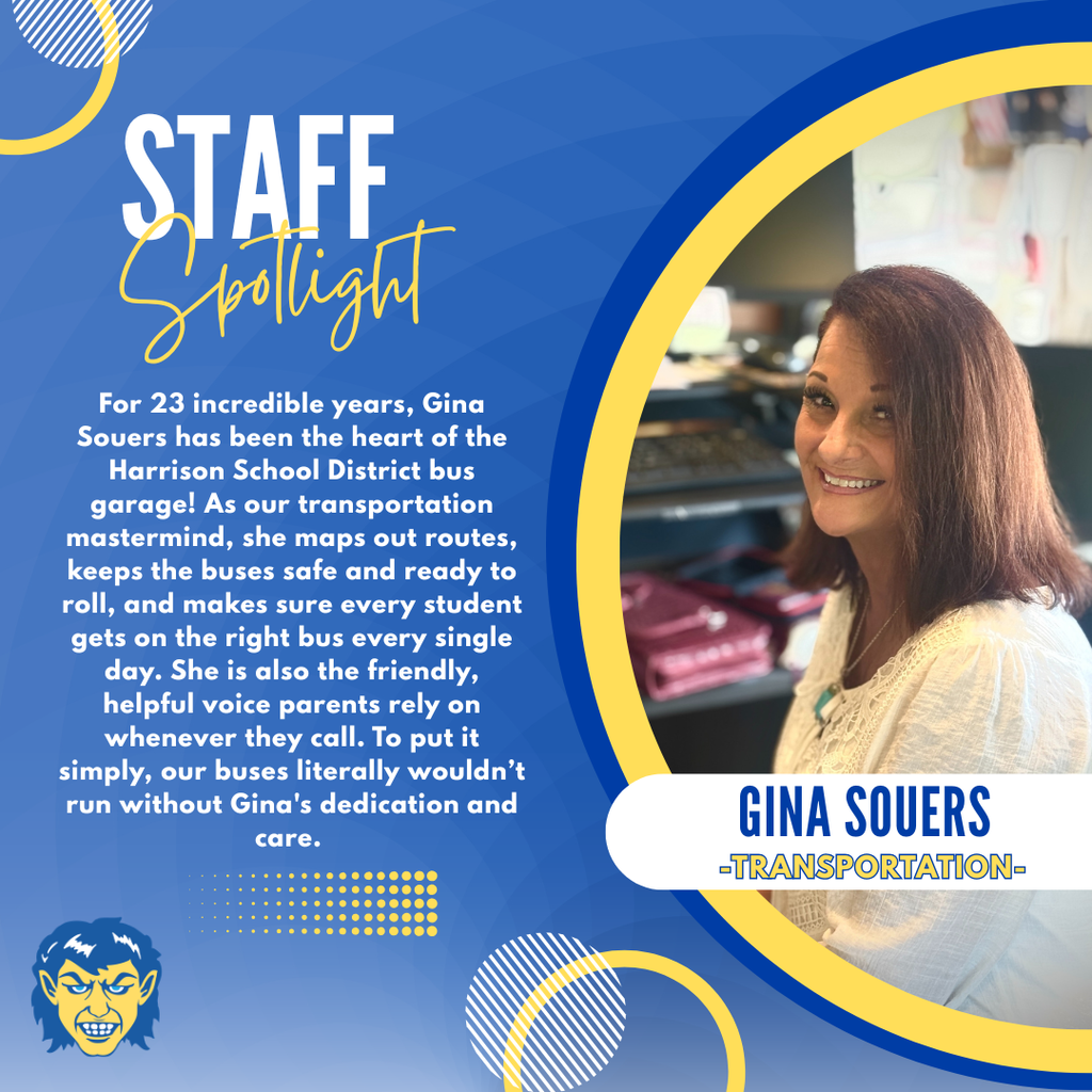 Staff Spotlight graphic for Gina Souers with a blue and yellow Harrison School District theme. On the right, a circular frame features a photo of Gina, a smiling woman with shoulder-length reddish-brown hair wearing a white lace top. Below her photo, a white banner reads "GINA SOUERS -TRANSPORTATION-". On the left, bold yellow and white text reads "STAFF Spotlight," followed by a paragraph recognizing Gina's 23 years of dedication keeping the buses safe, mapping routes, and helping parents. The Harrison Goblins mascot logo sits in the bottom left corner against a blue background with abstract yellow geometric circles.