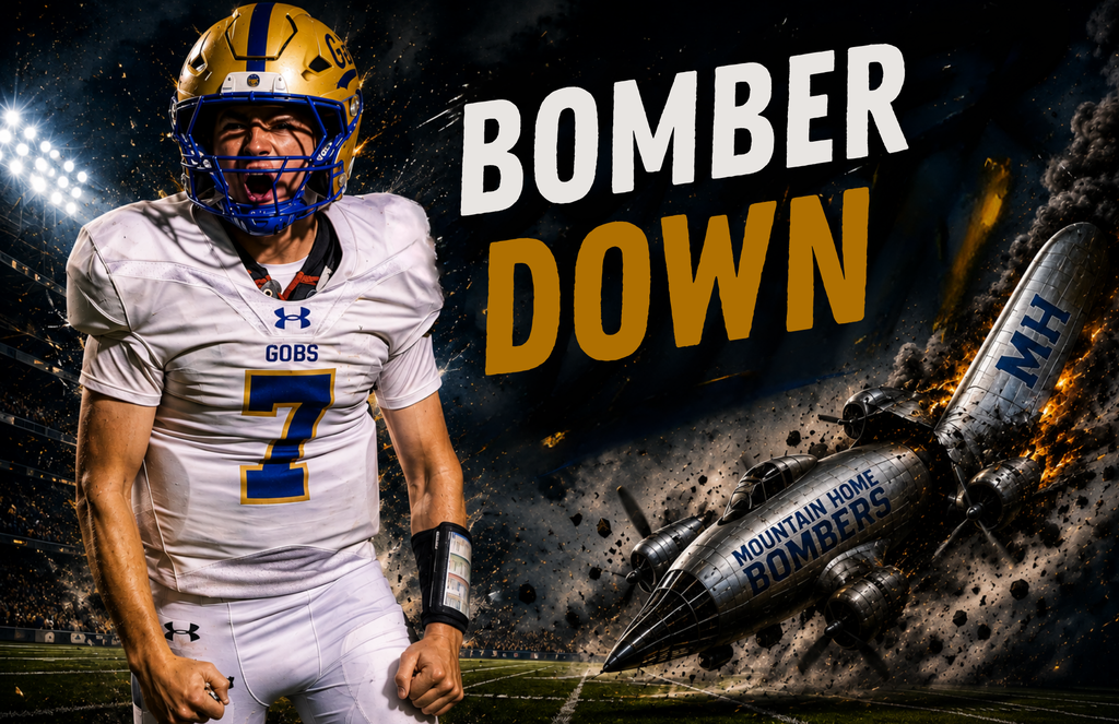 Harrison Goblins football player wearing a white No. 7 uniform and gold-and-blue helmet stands on a football field beside the bold words “Beat the Bombers.” A Mountain Home Bombers plane appears to be going down amid smoke, sparks, and debris in a dramatic nighttime stadium scene.