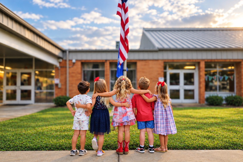 Rear view of five young students standing side-by-side with their arms around each other's shoulders, looking toward an American flag pole outside a school.
