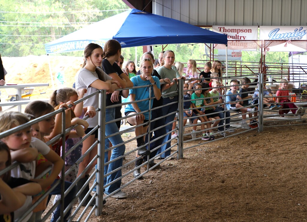 A wide view of high school FFA students and elementary children resting against a metal fence inside a dirt-floor arena barn, watching a demonstration together.