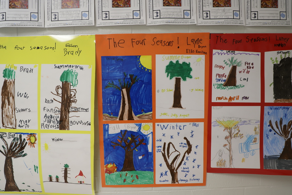 "A classroom display board featuring student drawings illustrating 'The Four Seasons'—Spring, Summer, Fall, and Winter."