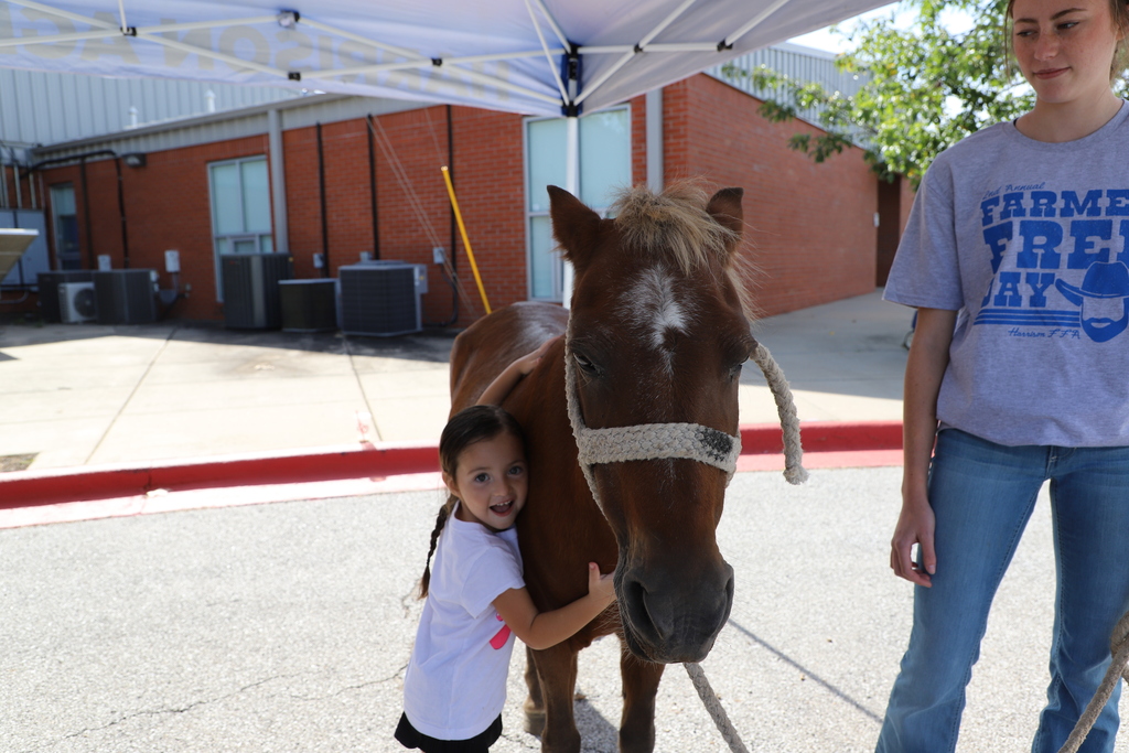 A young girl in a white shirt enthusiastically wraps her arms around a small brown pony in a full embrace, while an FFA student stands beside them.