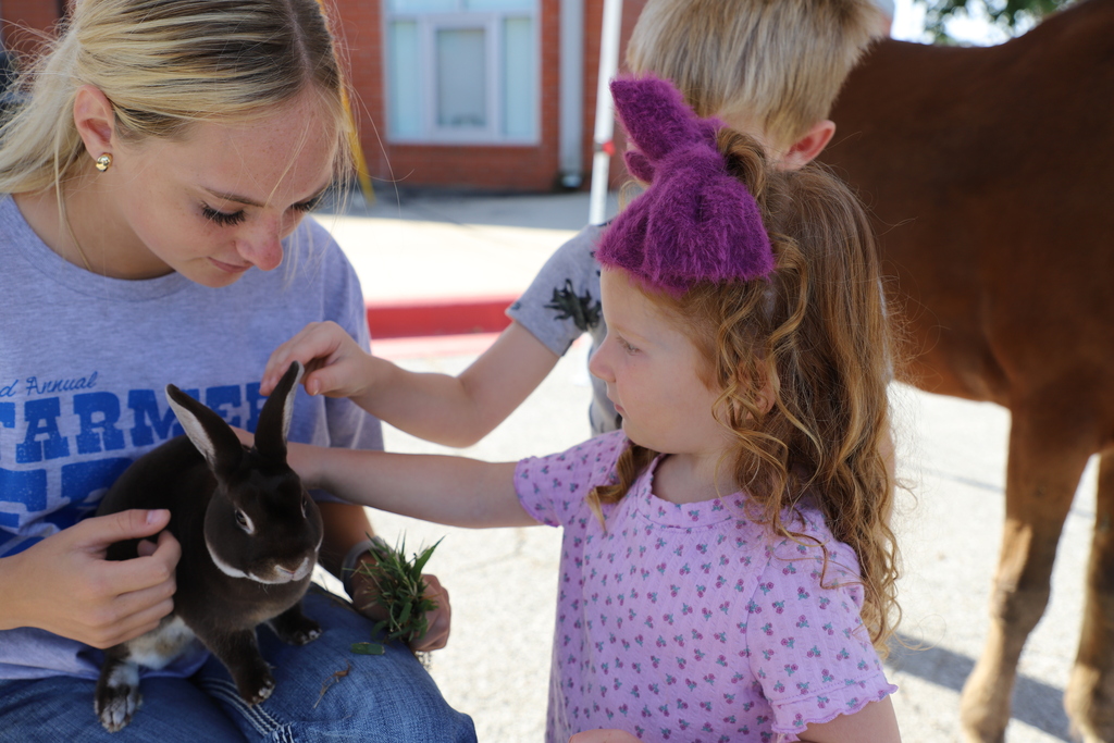 A young girl with a large purple hair bow leans in to stroke a brown rabbit held by an high school student, with the leg of a pony visible nearby.