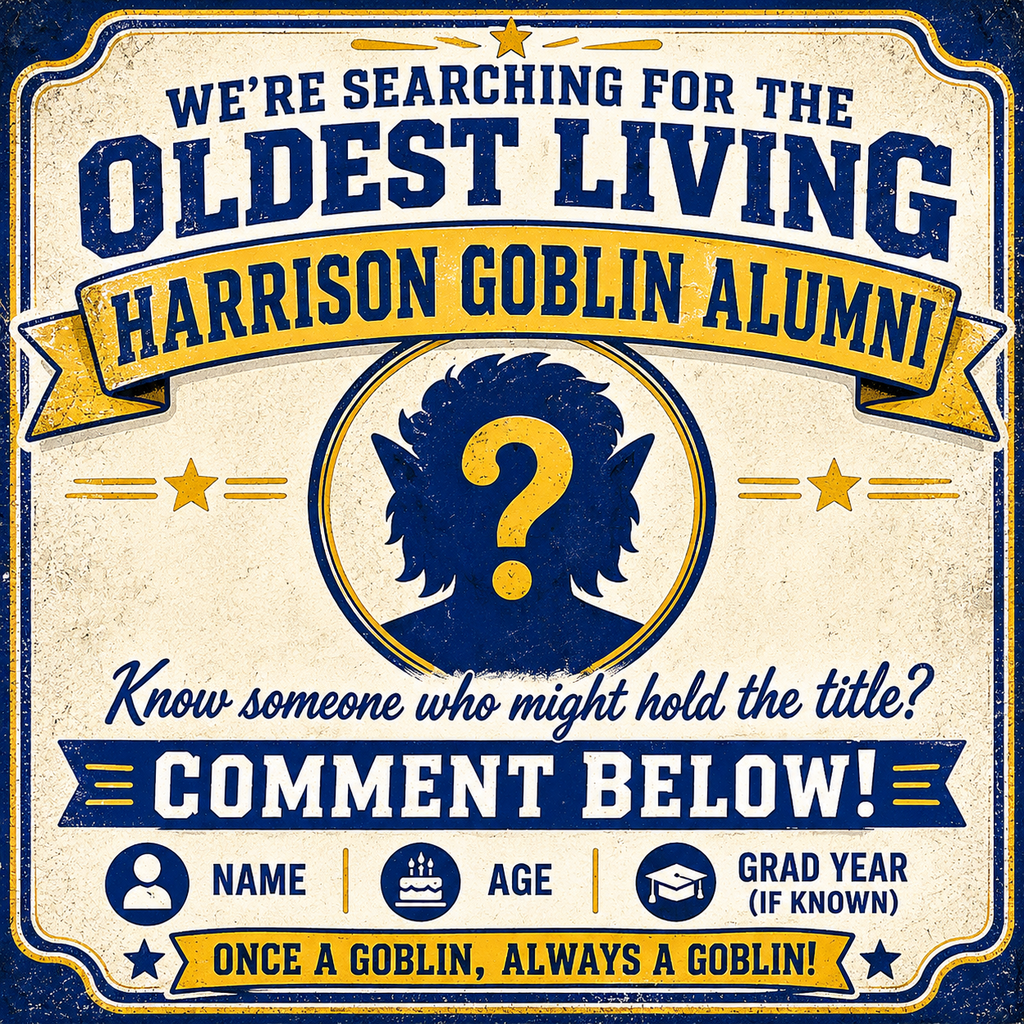 Graphic image with a vintage badge-style design in blue, gold, and cream featuring the text "WE'RE SEARCHING FOR THE OLDEST LIVING HARRISON GOBLIN ALUMNI". In the center is a blue circular silhouette of a mascot head with a question mark. Below it reads "Know someone who might hold the title? COMMENT BELOW!" followed by three icons for Name, Age, and Grad Year (if known). The bottom banner reads "ONCE A GOBLIN, ALWAYS A GOBLIN!"