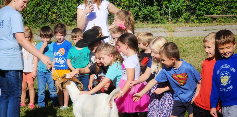 students petting goat
