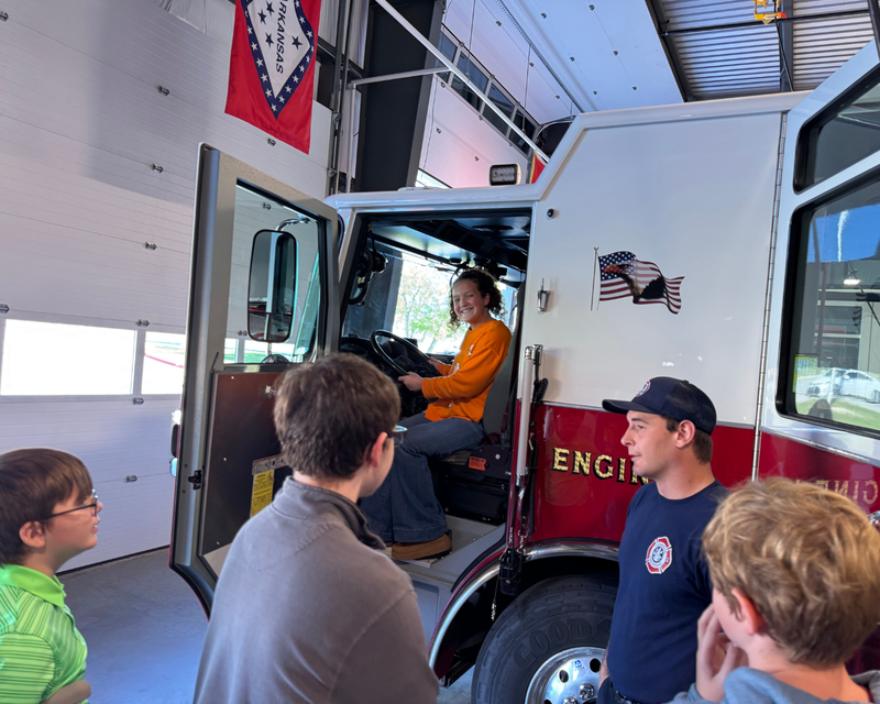 students with fireman