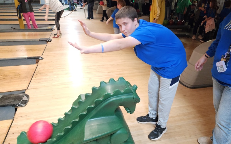 students at bowling alley