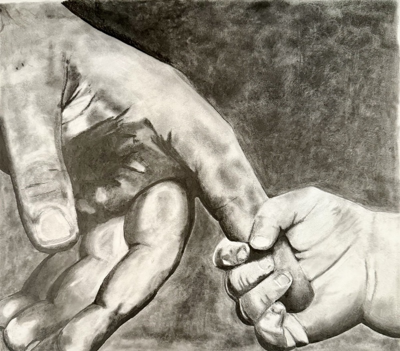 student artwork - pencil drawing of holding hands