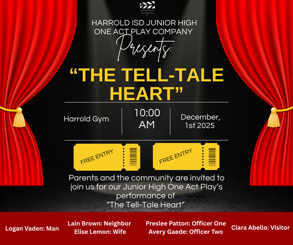 Harrold ISD JH One Act Play performing at 10am Dec 1st in the Harrold Gym