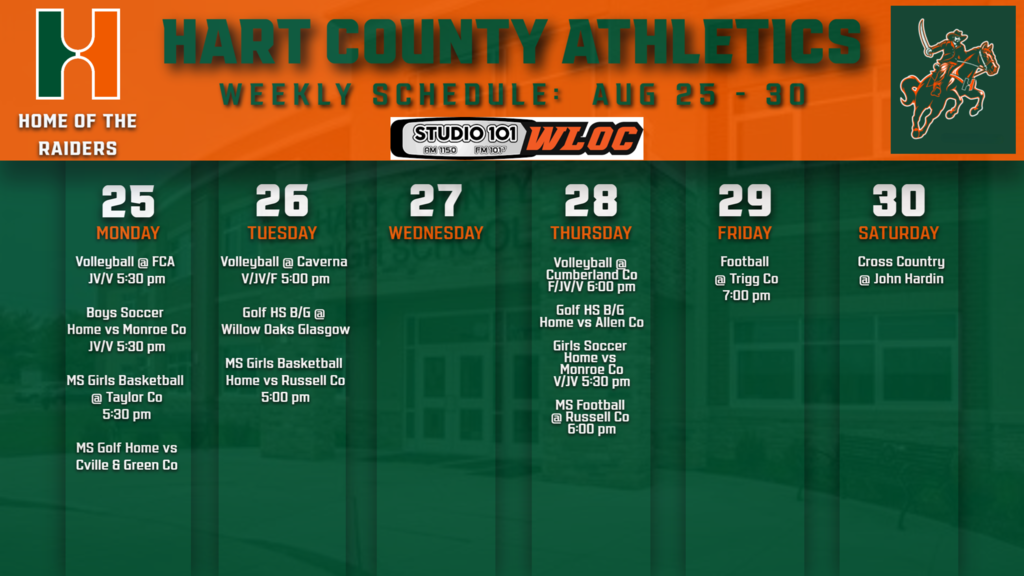 Middle School and High School athletic events for the week of August 25-30, 2025.