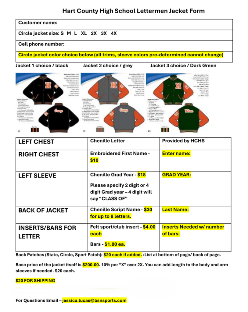 Lettermen Jacket Ordering Form