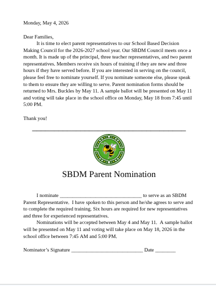 nomination for Parent SBDM
