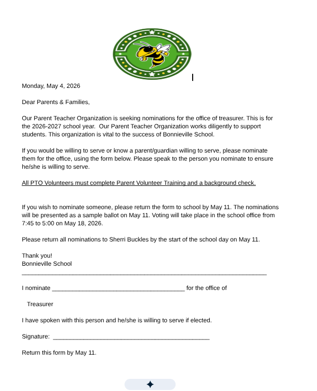 nomination for PTO treasurer