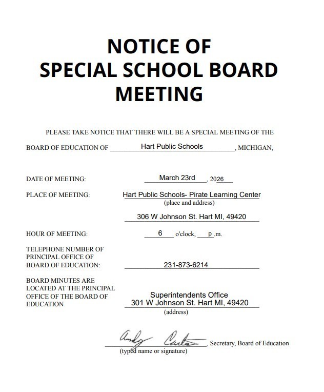 Special school board meeting notice