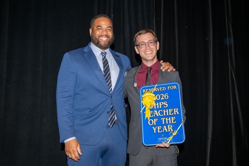 Hartford Public Schools Teacher of the Year 2026 Adam Lynch with Superintendent Dr Andrae Townsel
