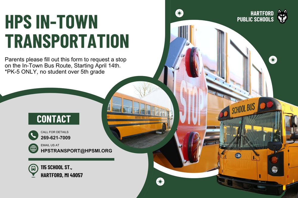 Parents please fill out this form to request a stop on the In-Town Bus Route, Starting April 14th: https://forms.gle/BmfmUmm7sYaDd6rEA  *PK-5 ONLY, no student over 5th grade