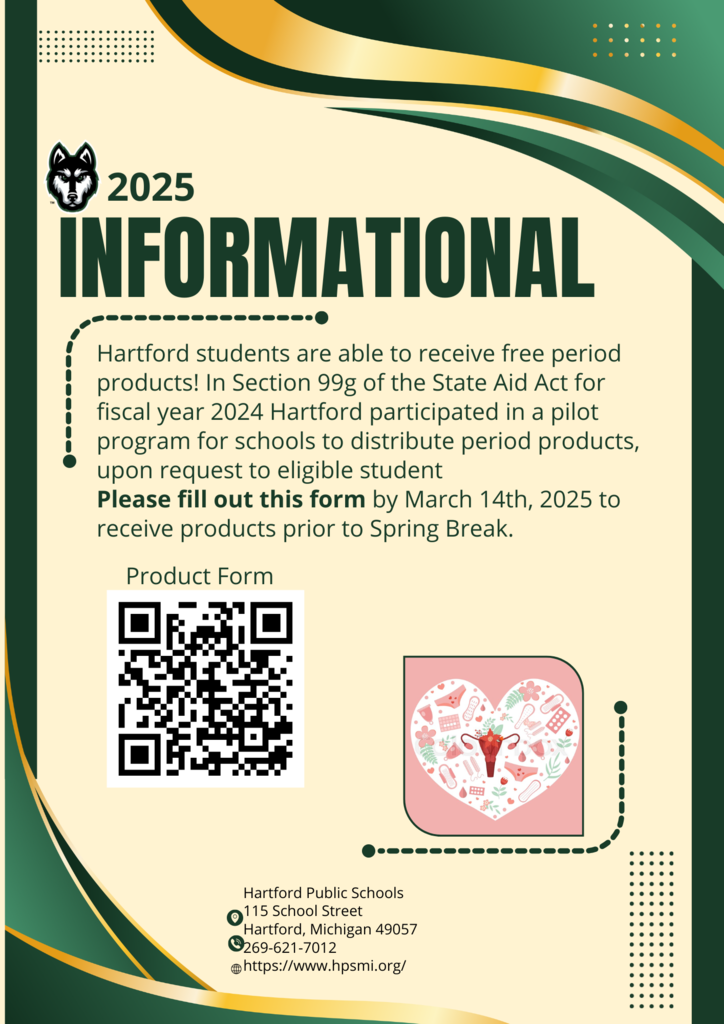 Hartford students are able to receive free period products! In Section 99g of the State Aid Act for fiscal year 2024 Hartford participated in a pilot program for schools to distribute period products, upon request to eligible student. Please fill out this form by March 14th, 2025 to receive products prior to Spring Break. https://forms.gle/1tXTwn6yR659ykda7