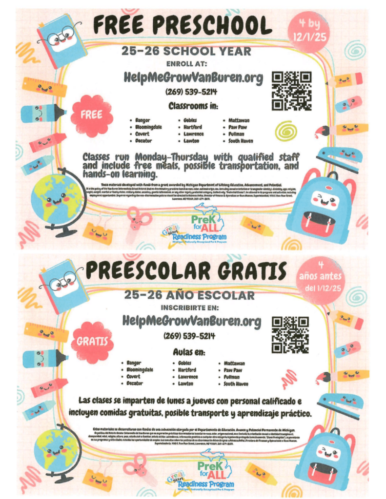 free preschool 25-26 school year enroll at helpmegrowvanburen.org