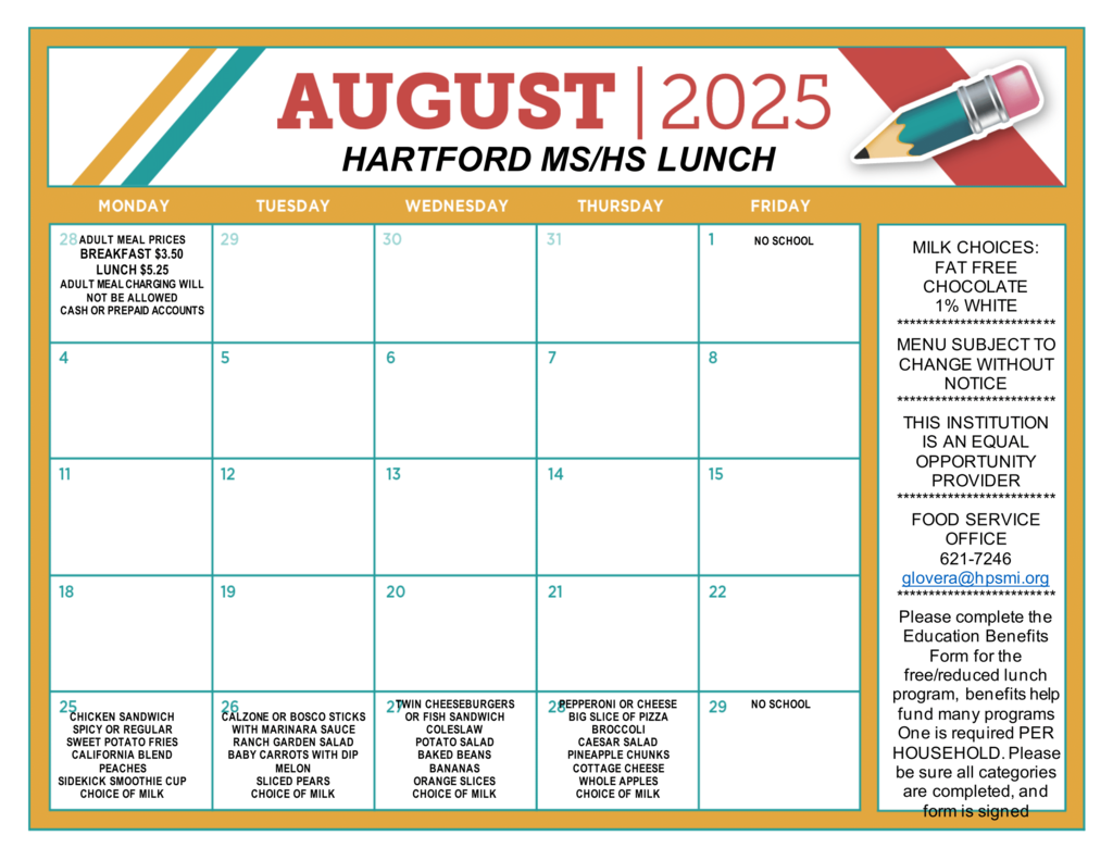 August/September Lunch Menus 🍽