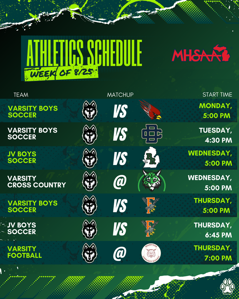 This week in HPS Athletics! Monday, August 25th ⚽️Varsity Boys Soccer vs Bloomingdale - HOME @ 5PM Tuesday, August 26th ⚽️Varsity Boys Soccer vs Detroit Country Day - HOME @ 4:30PM Wednesday, August 27th ⚽️JV Boys Soccer vs Black River - HOME @ 5PM 🎽Varsity Cross Country @ Linden Grove MS - AWAY @ 5PM Thursday, August 28th ⚽️Varsity Boys Soccer vs Fennville - HOME @ 5PM ⚽️JV Boys Soccer vs Fennville - HOME @ 6:45PM 🏈Varsity Football @ Brandywine - AWAY @ 7PM