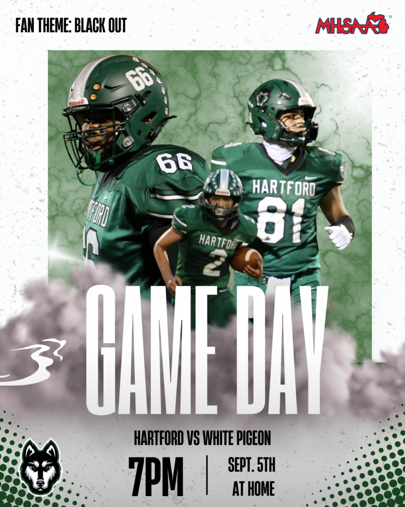 three football players. game day hartford versus white pigeon at 7pm at home