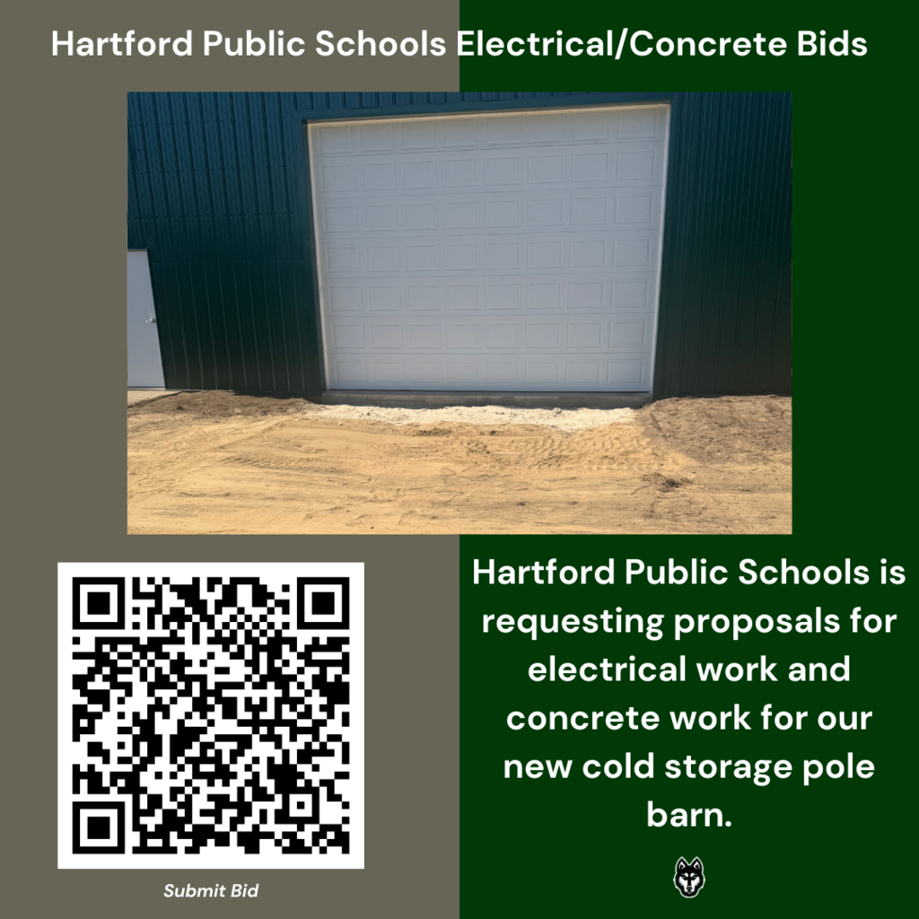 Hartford Public Schools is requesting proposals for electrical work and concrete work for our new cold storage pole barn. photo of green pole barn