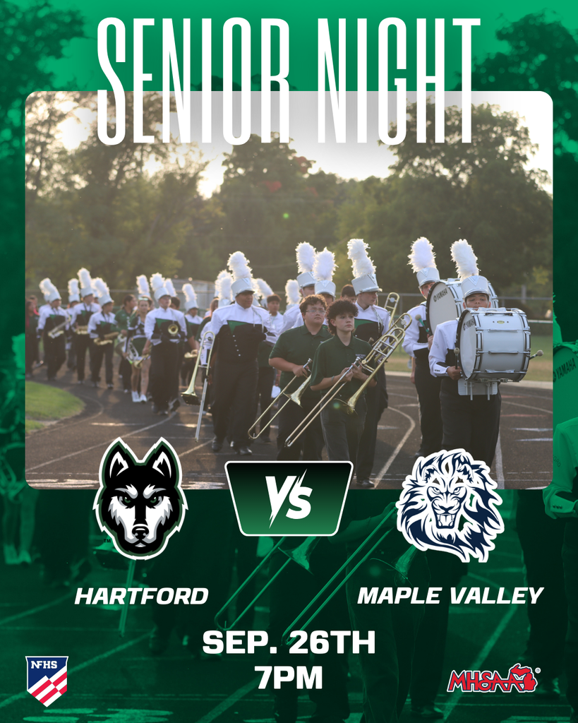 The Hartford Huskies will be honoring our senior football players, cheer members, band members and their parents during the football game tonight, Friday, September 26, 2025.  Approximately 30 minutes before the start of the game (6:30pm) seniors and their parents will line up on the west end of the bleachers to be introduced and walk onto the field.  Varsity Football vs Maple Valley @ 7PM. GO HUSKIES! 🏈💚