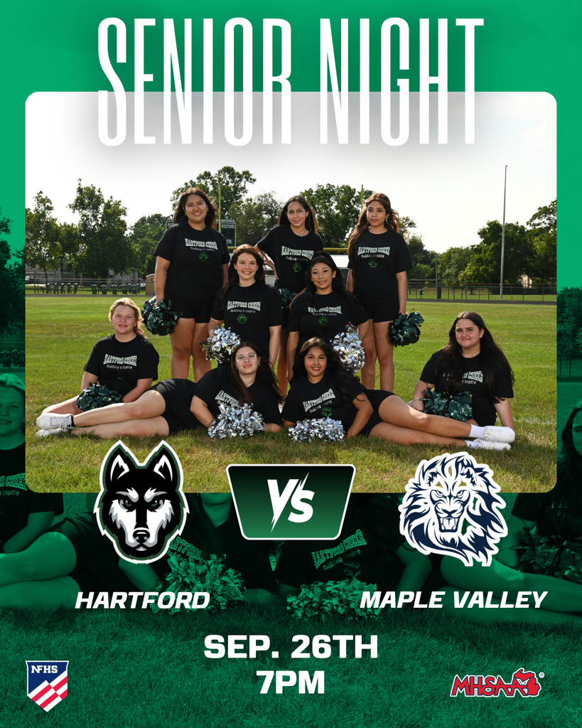The Hartford Huskies will be honoring our senior football players, cheer members, band members and their parents during the football game tonight, Friday, September 26, 2025.  Approximately 30 minutes before the start of the game (6:30pm) seniors and their parents will line up on the west end of the bleachers to be introduced and walk onto the field.  Varsity Football vs Maple Valley @ 7PM. GO HUSKIES! 🏈💚