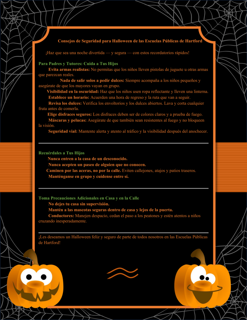 halloween safety tips black and orange flyer spanish