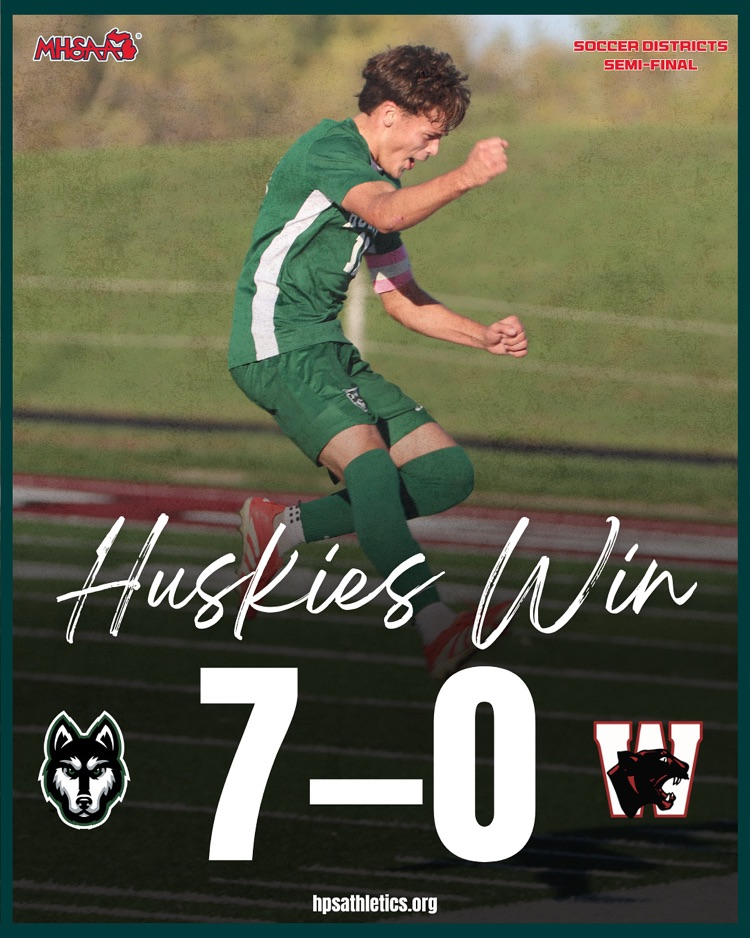 HUSKIES WIN 7-0! They defeat Watervliet advance to the District Final on Thursday, where they will take on the winner of Berrien Springs vs Buchanan. GO HUSKIES! 💚⚽️