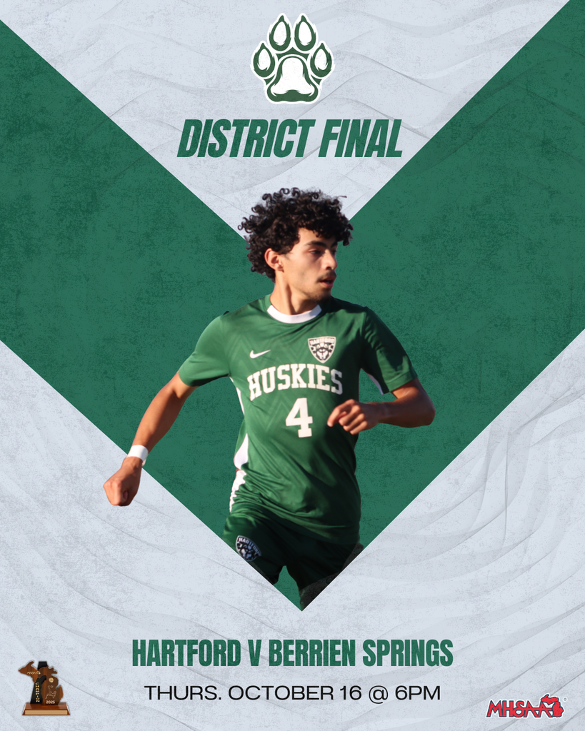 Hartford Varsity Boys Soccer looks to capture another District Title tonight as they take on Berrien Springs @ Watervliet starting at 6PM! GO HUSKIES! ⚽️💚 Ticket Info: https://gofan.co/event/4807453?schoolId=MI3768