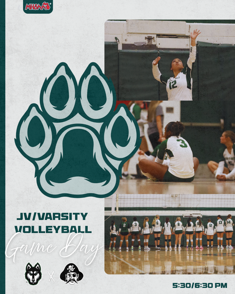 photo of volleyball player spiking a ball, photo of a volleyball player stretching, a photo of the volleyball team lined up. A logo of the husky paw, underneath reads jv/varsity volleyball game day. photo of hartford husky head logo and decatur pirate logo