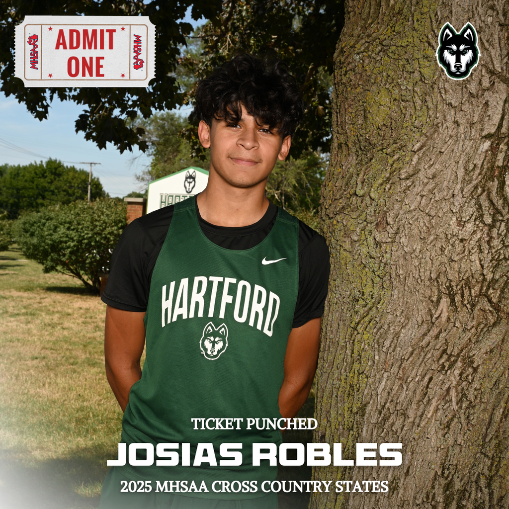 photo of hhs student josias robles with the text that reads ticket punched admit one, josias robles 2025 mhsaa cross country states