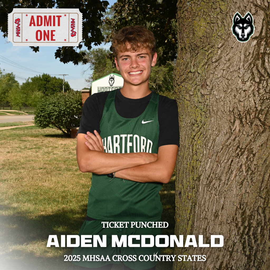 photo of hhs student aiden mcdonald with the text that reads ticket punched admit one, aiden mcdonald 2025 mhsaa cross country states