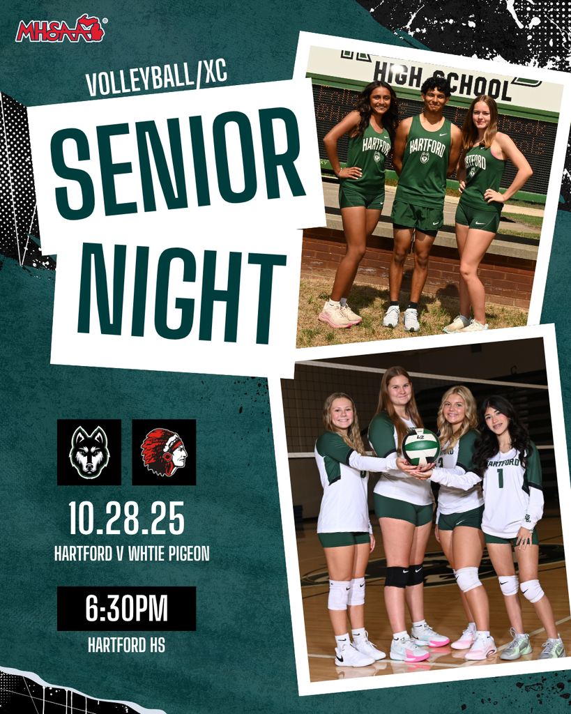 a graphic that reads volleyball and cross country senior night; hartford vs white pigeon october 28, 2025. at 6:30pm hartford high school. photos of the hartford volleyball and cross country seniors