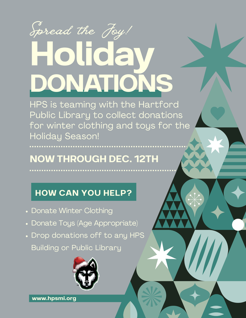 Hartford Public Schools and the Hartford Public Library are teaming up to collect donations for winter clothing items and toys for the holiday season! Now through December 12th, you can drop off donations to any HPS building or the Hartford Public Library. Join us to help everyone have a happy holiday season!  ¡Las Escuelas Públicas de Hartford y la Biblioteca Pública de Hartford se unen para recolectar donaciones de ropa de invierno y juguetes para la temporada navideña! Hasta el 12 de diciembre, puedes dejar tus donaciones en cualquier edificio de las Escuelas Públicas de Hartford o en la Biblioteca Pública de Hartford. ¡Únete a nosotros para que todos tengan unas felices fiestas!