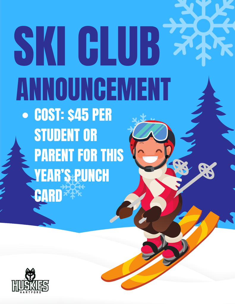 ski club announcement, Graphic of a person skiing on a snowy mountain
