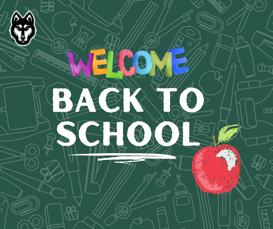green backdrop with school supplies with text that reads welcome back to school