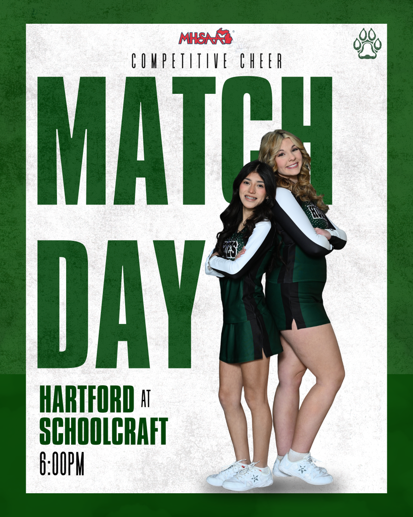 competitve cheer match day hartford at schoolcraft with a photo of two hartford husky cheerleaders