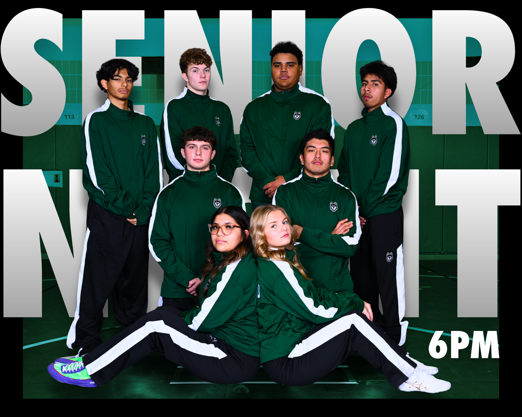 photo of the varsity wrestling seniors that has the words Senior Night in the background. Starting at 6pm