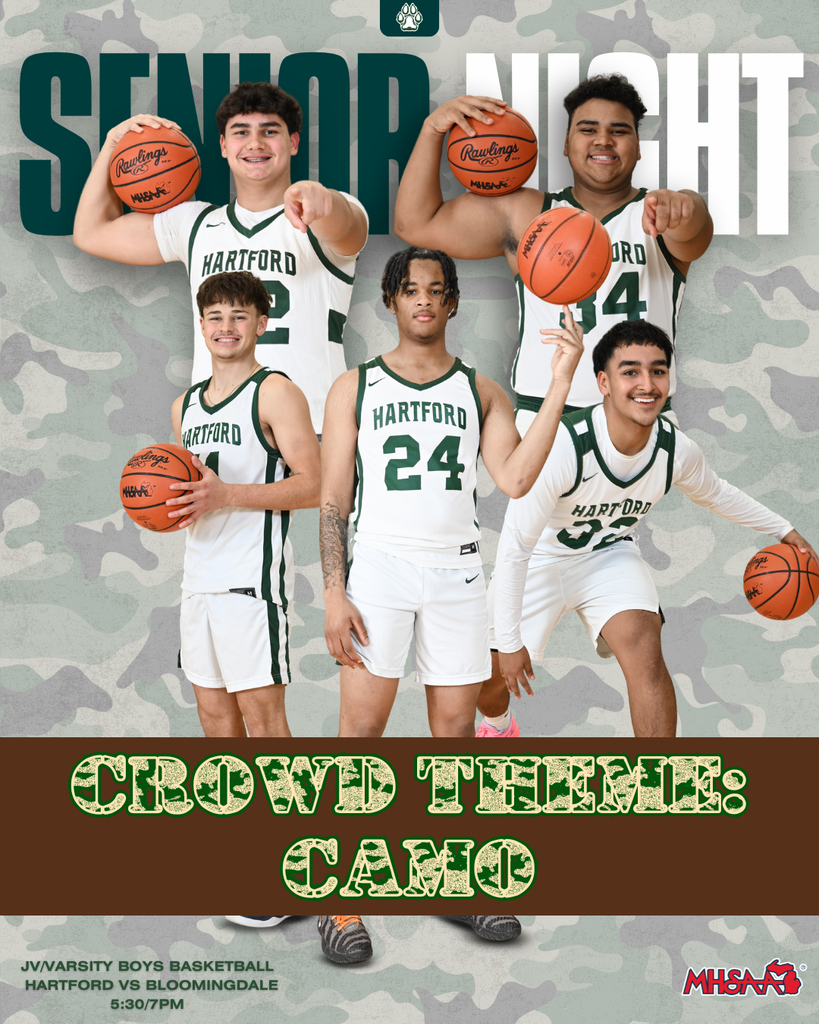 hartford senior basketball players in front of a camo background with text that reads senior night camo theme