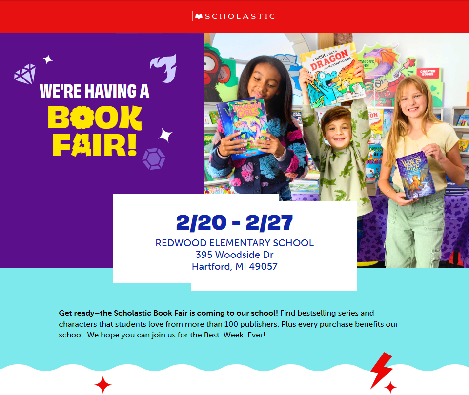 we are having a book fair at redwood elementary 2/20 to 2/27. photo of three kids holding scholastic books