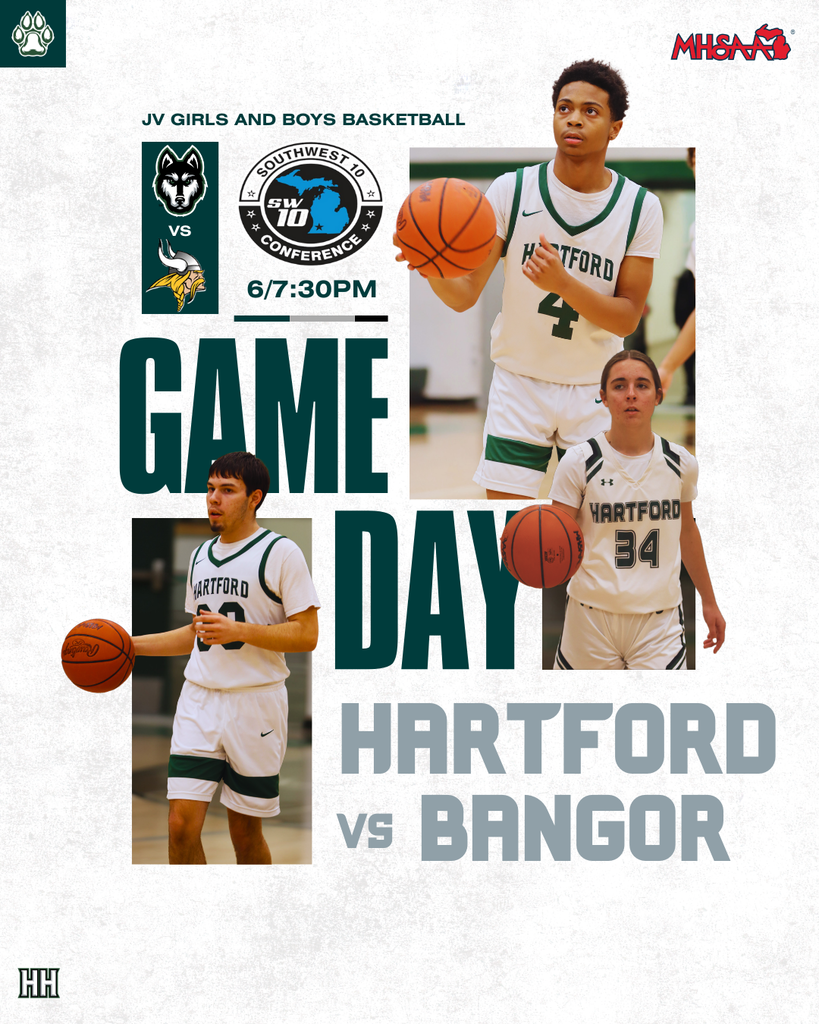 JV Girls and Boys Basketball take on Bangor tonight at HOME with a 6PM girls start and 7:30pm boys start. GO HUSKIES! 🏀💚 photo of 3 huskies basketball players