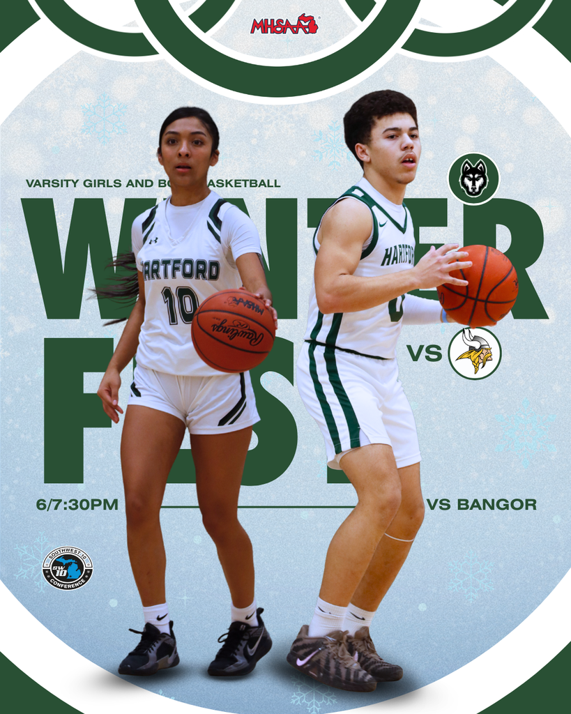 Tonight is WINTERFEST! Varsity Girls Basketball takes on Bangor at 6PM and Varsity Boys Basketball takes on Bangor at 7:30PM. GO HUSKIES! 🏀❄️ Hartford Huskies apparel will be available to purchase at tonight's games to show your Husky Spirit! 🐾💚