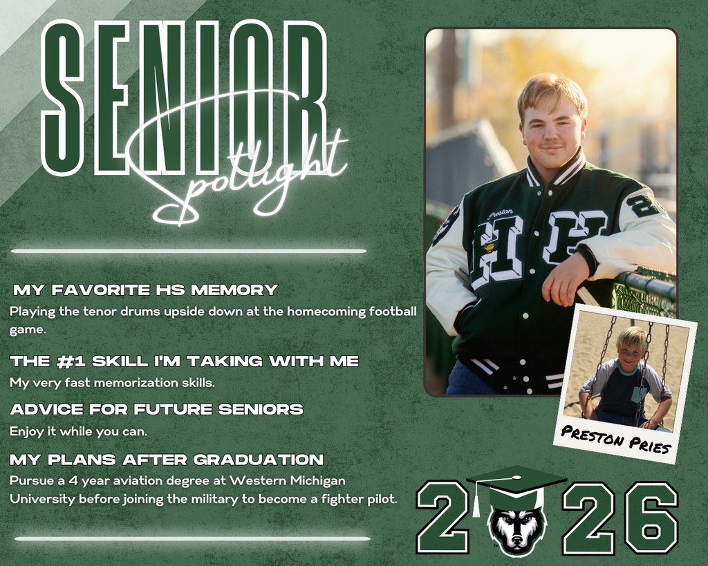 Class of 2026 Senior Spotlight! โจPreston Priesโจ Preston's Awards/Activities Include: "National Honor Society, National Technical Honor Society, Honor Roll, Award for Outstanding Musical Achievement." To be featured in the weekly Senior Spotlights, Seniors can fill out the Senior Spotlight form at https://forms.gle/iAzwxJYDS7Gg6VLc9 MY Favorite HS Memory the #1 Skill I'm Taking with Me Advice for Future Seniors my Plans after Graduation My very fast memorization skills. Playing the tenor drums upside down at the homecoming football game. Enjoy it while you can. Pursue a 4 year aviation degree at Western Michigan University before joining the military to become a fighter pilot.