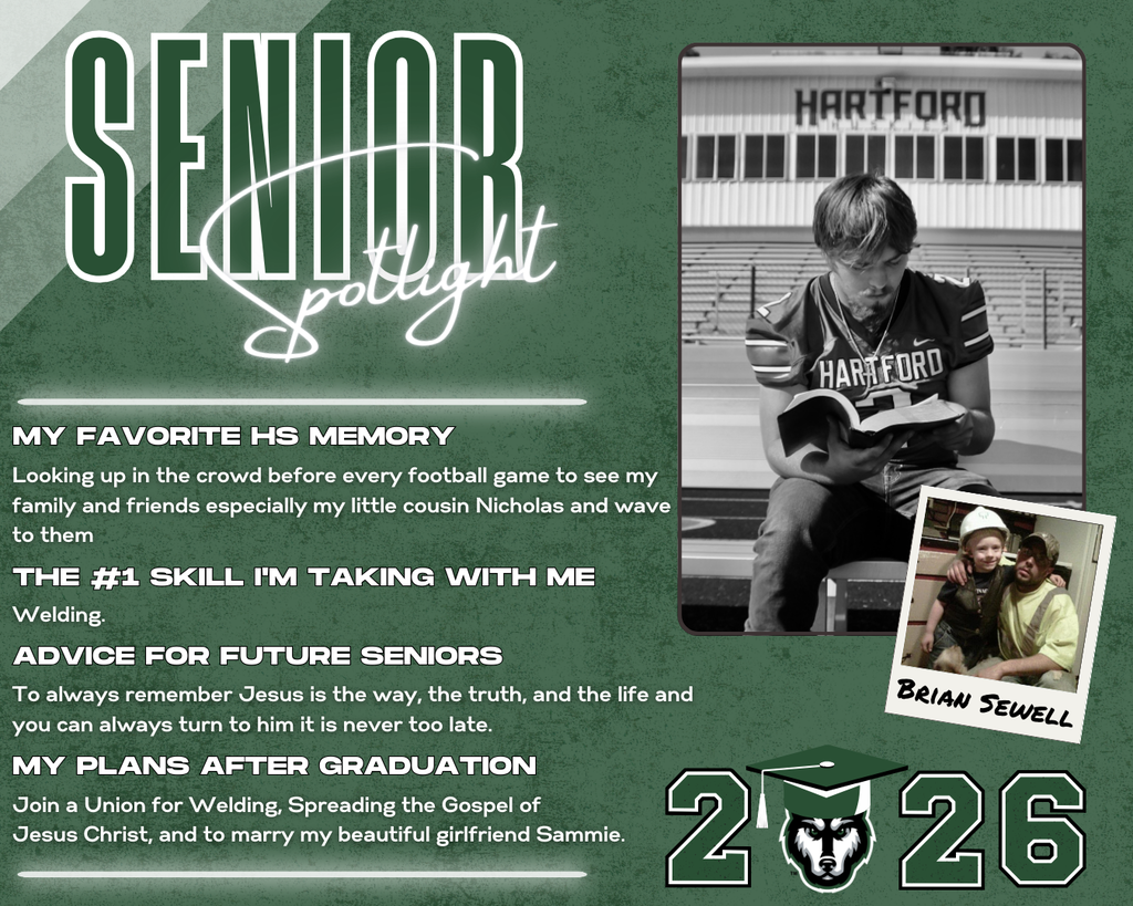 Class of 2026 Senior Spotlight! ✨brian sewell✨  MY Favorite HS Memory the #1 Skill I'm Taking with Me Advice for Future Seniors my Plans after Graduation Welding. Looking up in the crowd before every football game to see my family and friends especially my little cousin Nicholas and wave    to them To always remember Jesus is the way, the truth, and the life and you can always turn to him it is never too late. Join a Union for Welding, Spreading the Gospel of                   Jesus Christ, and to marry my beautiful girlfriend Sammie.